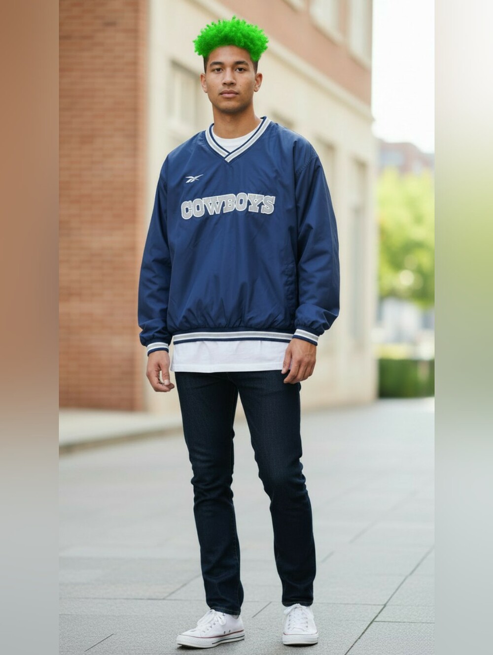 Vintage 90s Reebok Pro-line Navy & White Cowboys V-Neck Windbreaker Pullover XL
